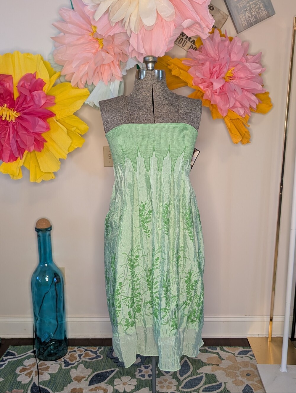 2227 - Lapis Green Strapless Midi Dress with Floral Print